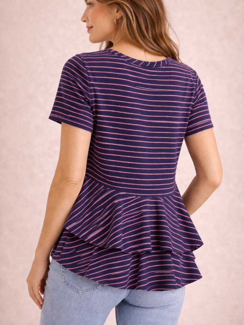 Anthropologie Laura Ruffle Back Peplum Stripe Top Navy Pink S